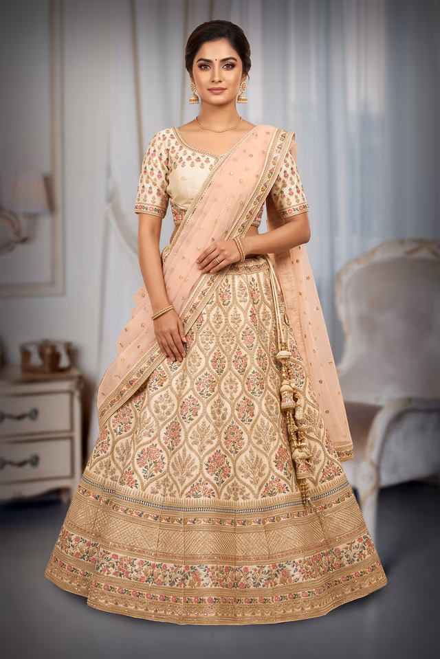 Ivory Bridal Lehenga With Contrasting Floral Thread And Stone Work — back view, rent in Bangalore