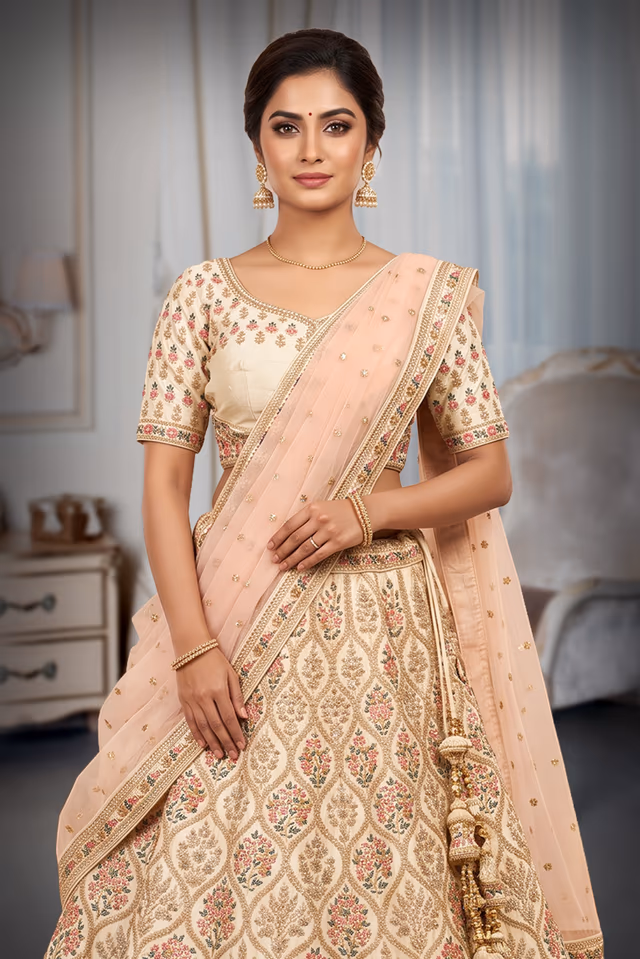Ivory Bridal Lehenga With Contrasting Floral Thread And Stone Work — rent in Bangalore
