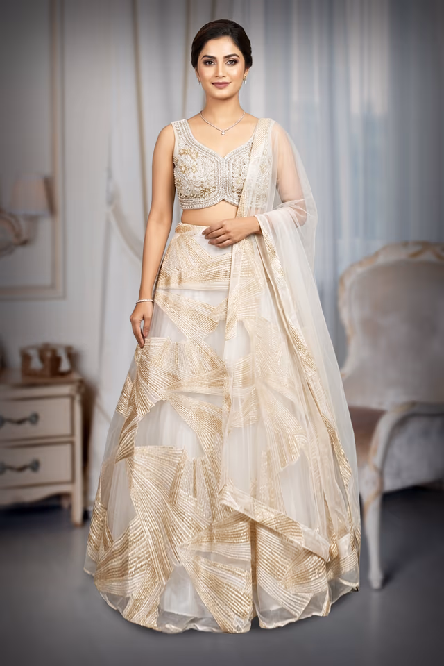 Ivory & Champagne Gold Metallic Geometric Accordion-Pleated Lehenga Choli Set with Net Dupatta — back view, rent in Edappally