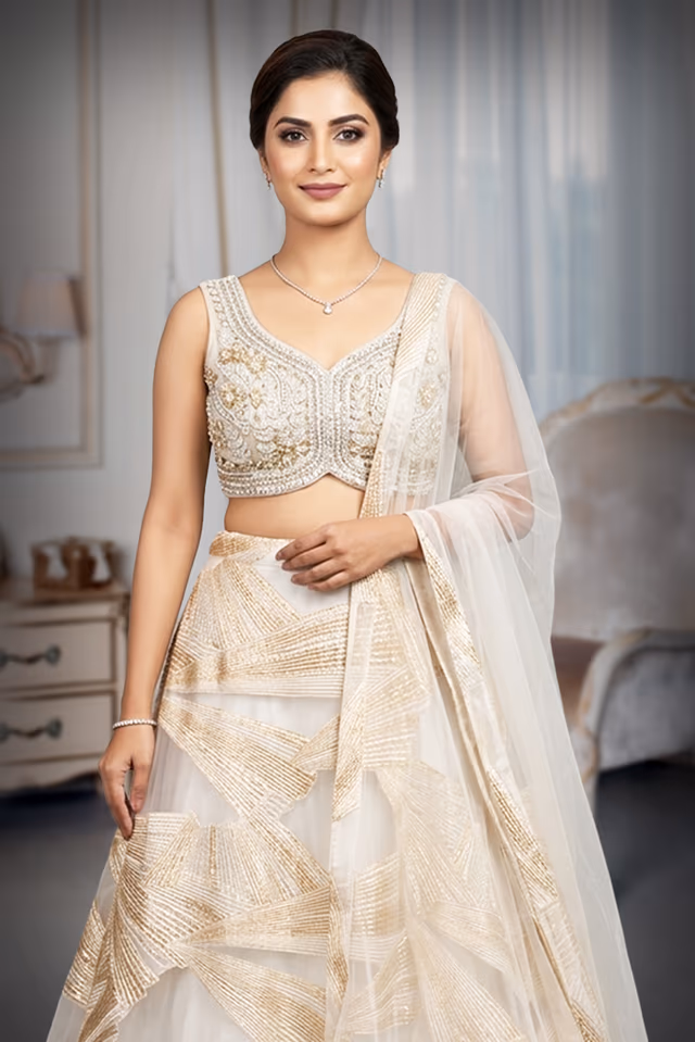 Ivory & Champagne Gold Metallic Geometric Accordion-Pleated Lehenga Choli Set with Net Dupatta — rent in Edappally