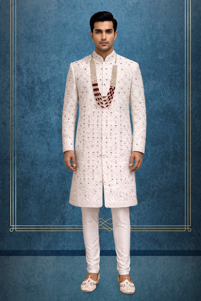 Ivory Embroidered Sherwani with Intricate Detailing and Traditio — rent in Bangalore