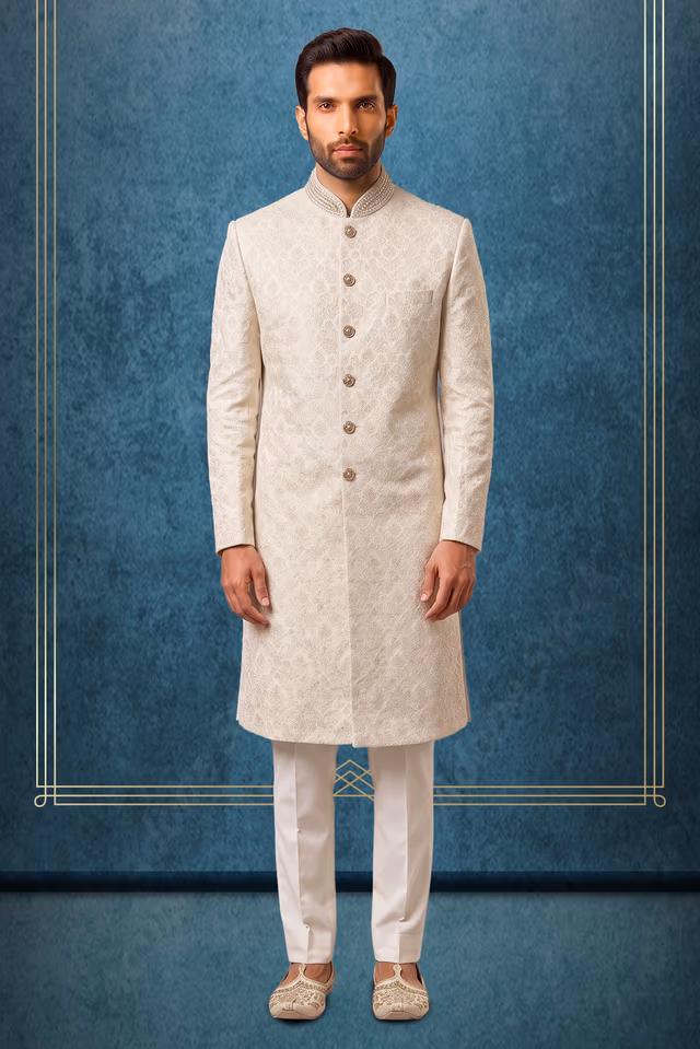 Ivory Self-Design Damask Sherwani with Embroidered Collar and Jewel — rent in Edappally