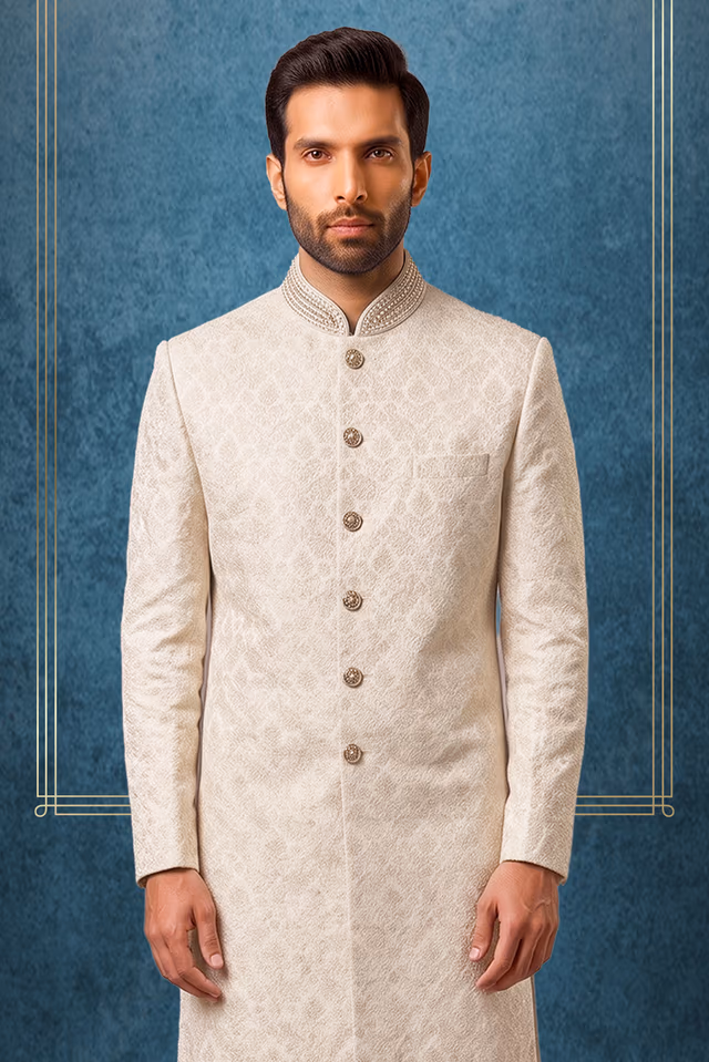 Ivory Self-Design Damask Sherwani with Embroidered Collar and Jewel — back view, rent in Edappally