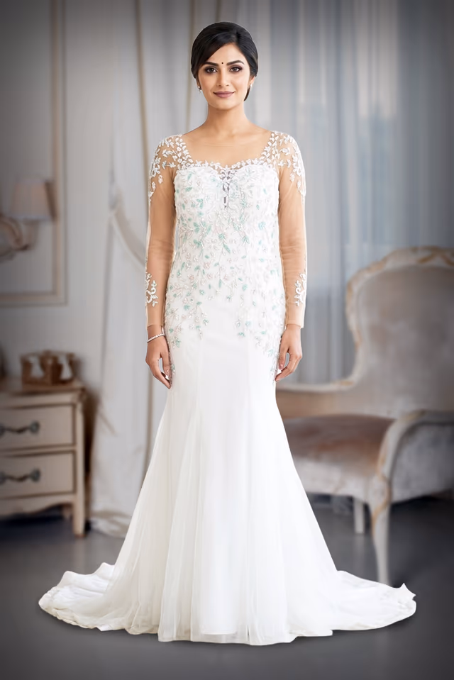 Ivory Sheer Illusion Mermaid Evening Gown with Pastel Mint & Silver Floral Embroidery — back view, rent in Edappally
