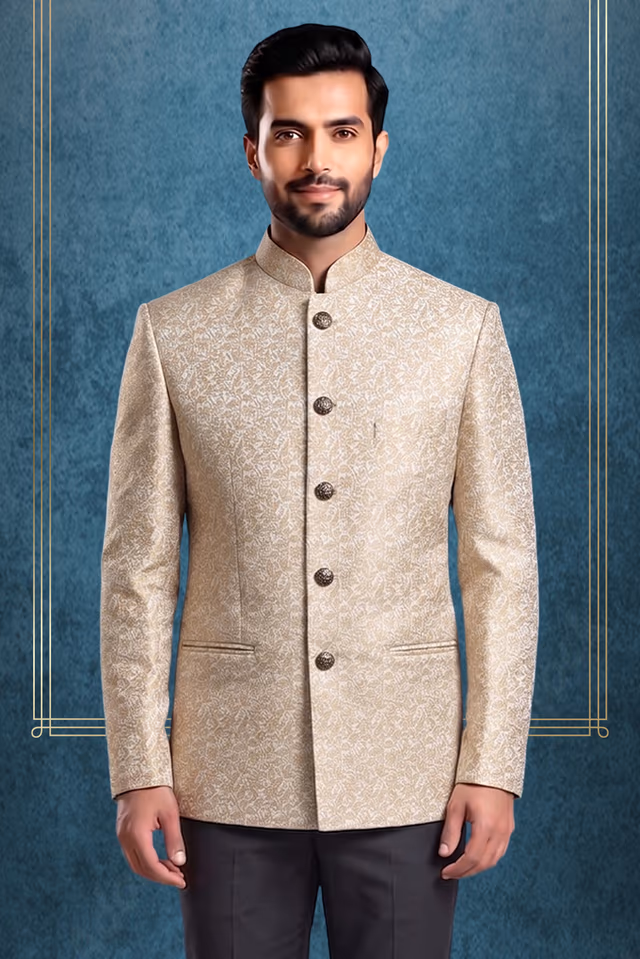 Ivory Silk Jamawar Jodhpuri Bandhgala with Intricate Gold Floral Weaving — back view, rent in Edappally