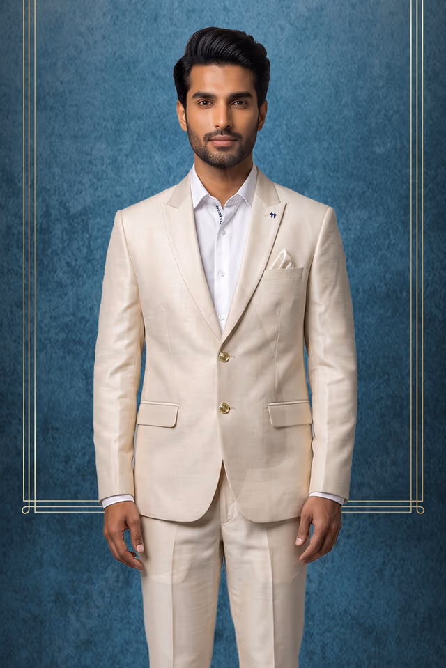 Ivory Textured Three-Piece Formal Suit — back view, rent in Coimbatore