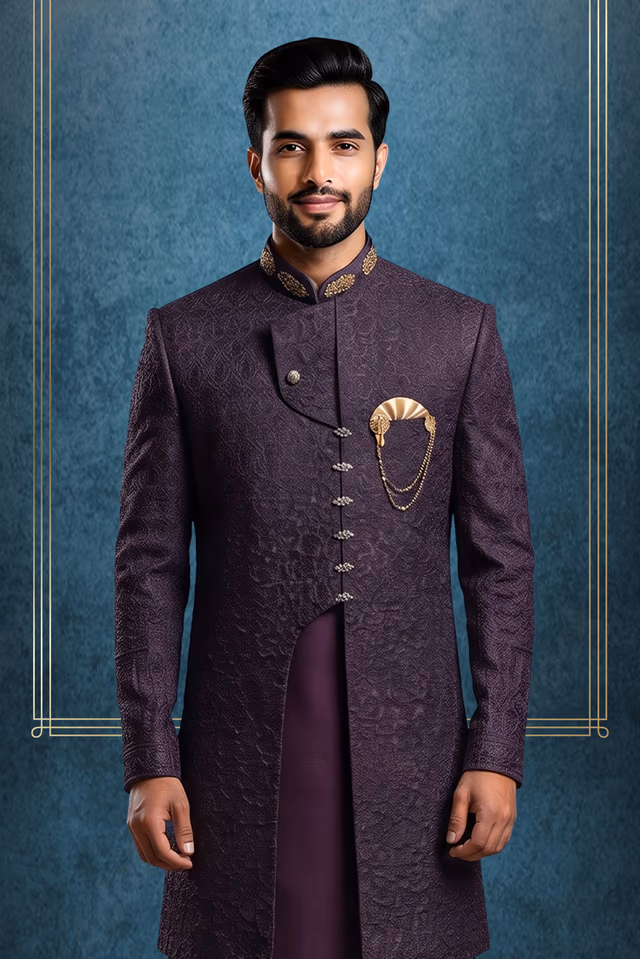 Jacquard Indo-Western Sherwani — back view, rent in Coimbatore