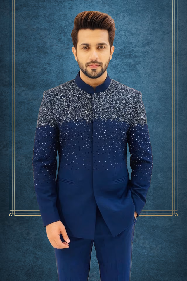 Royal Blue Bandhgala Jacket With Detailed Embellished Buttons Ideal For Traditional Or Formal… — back view, rent in Calicut