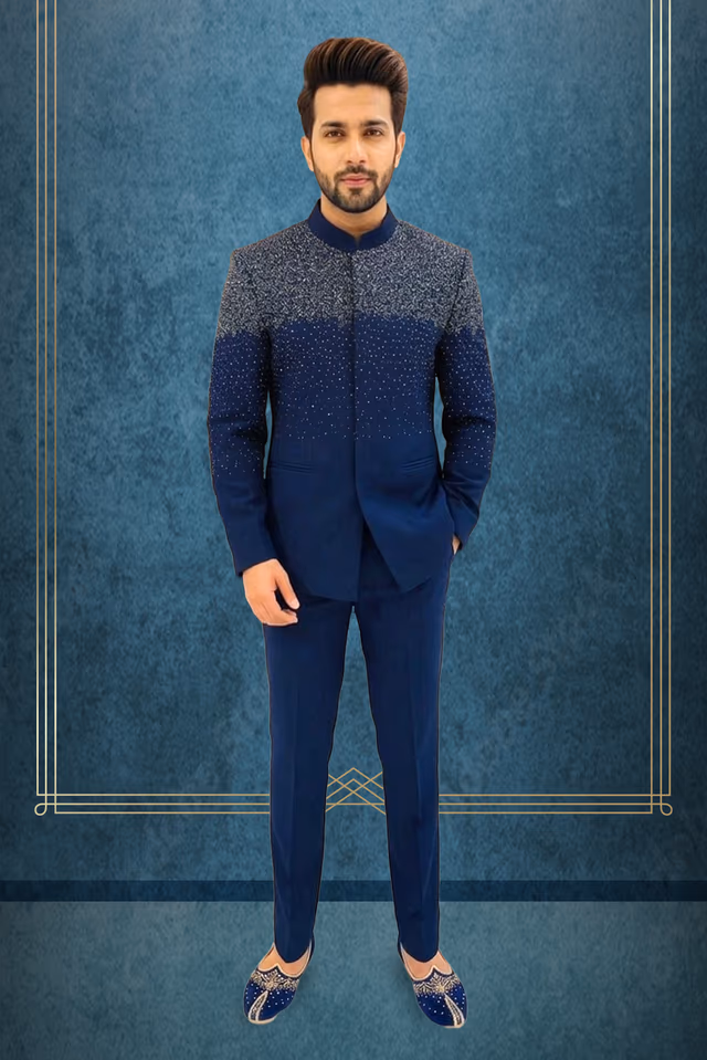 Royal Blue Bandhgala Jacket With Detailed Embellished Buttons Ideal For Traditional Or Formal Occasions — rent in Calicut