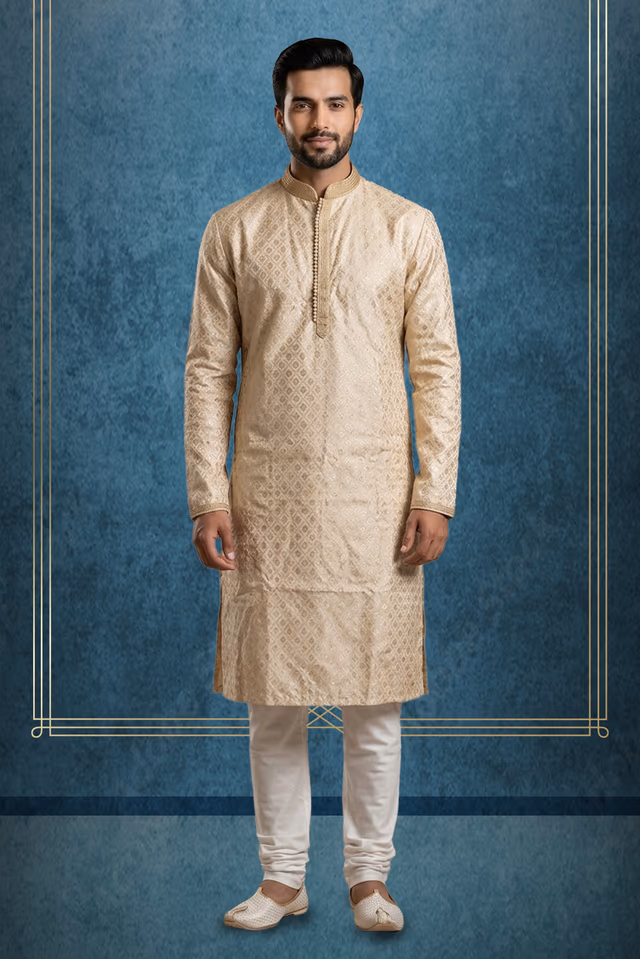 Elegant Cream Jacquard Embroidered Men’s Festive Traditional Kurta Outfit — rent in Bangalore