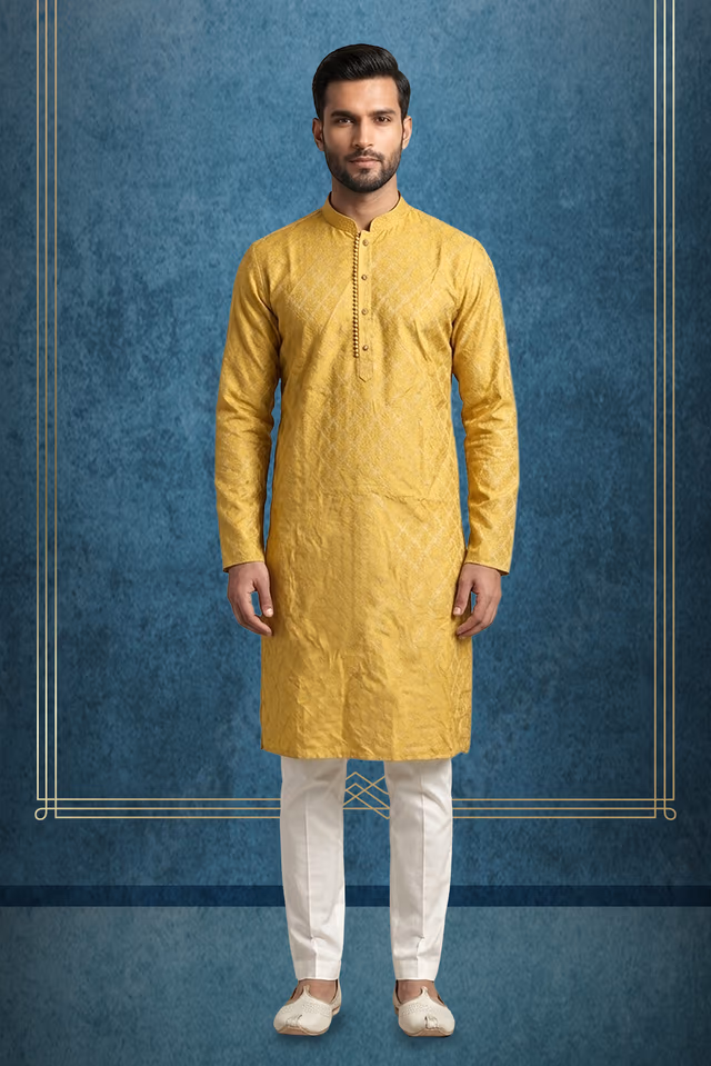 Elegant Mustard Yellow Ethnic Kurta With Traditional Woven Pattern Design — rent in Bangalore
