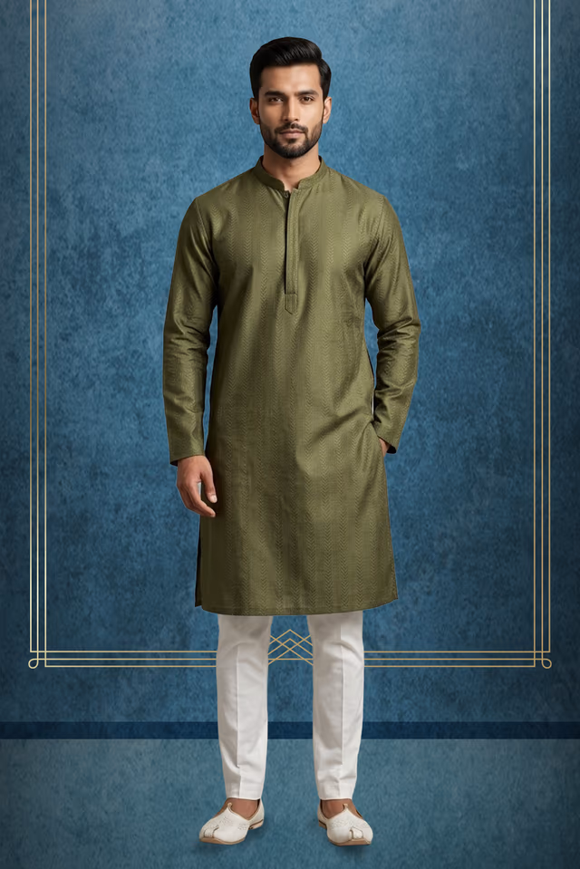 Elegant Olive Green Textured Men’s Festive Traditional Kurta for Celebrations — rent in Bangalore