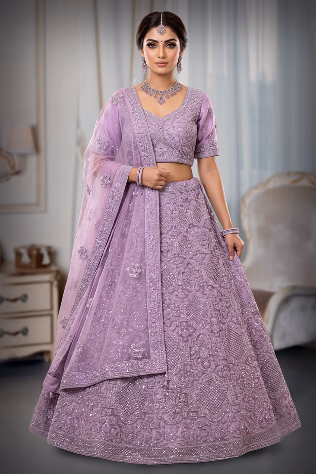 Lavender Embroidered Bridal Lehenga — back view, rent in Coimbatore