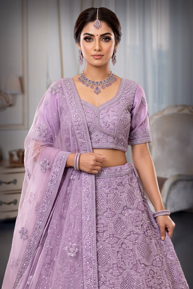 Lavender Embroidered Bridal Lehenga — rent in Coimbatore