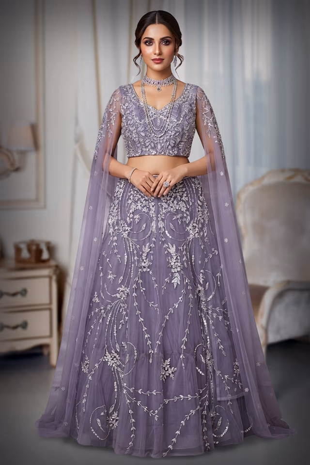 Lavender Embroidered Lehanga With Sheer Net On Sleeves — back view, rent in Calicut