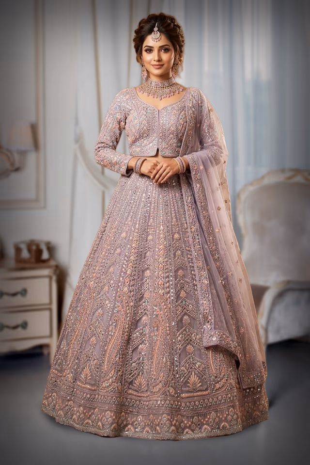 Lavender Heavy Embroidered Bridal Lehenga — back view, rent in Coimbatore