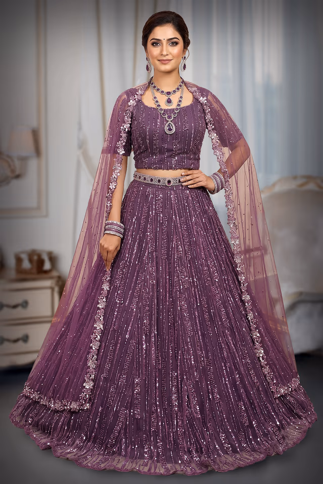 Lavender Purple Sequin Embroidered Lehenga Gown with Cape Dupatta — back view, rent in Coimbatore