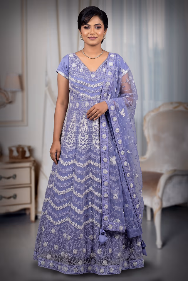 Lavender Sequin Embroidered  Gown — back view, rent in Calicut