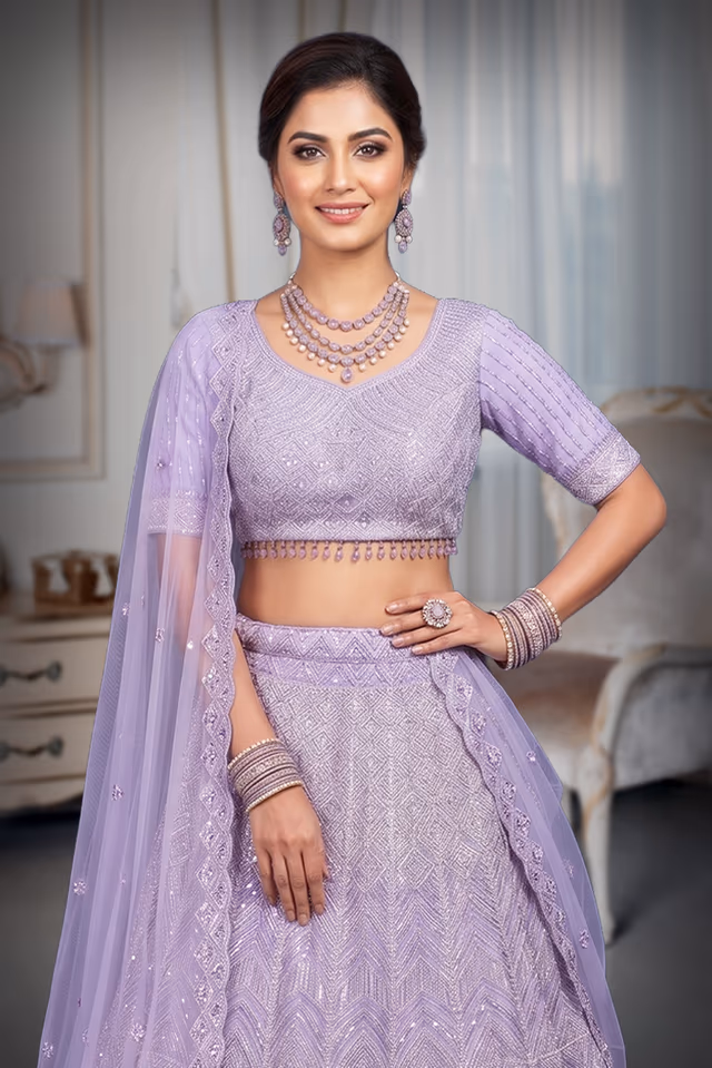 lavender shade wedding lehenga with stones,sequins and beads embroidery in geometrical patterns — rent in Calicut
