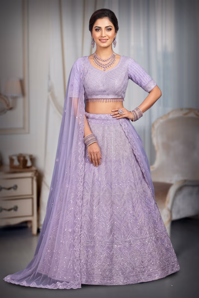 lavender shade wedding lehenga with stones,sequins and beads embroidery in geometrical patterns — back view, rent in Calicut