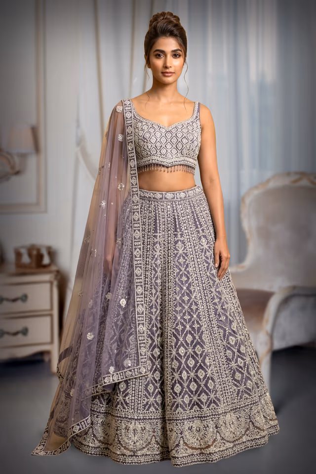 Dusty Mauve Sequinned and Mirror-Work Bridal/Cocktail Lehenga Choli — back view, rent in Kochi