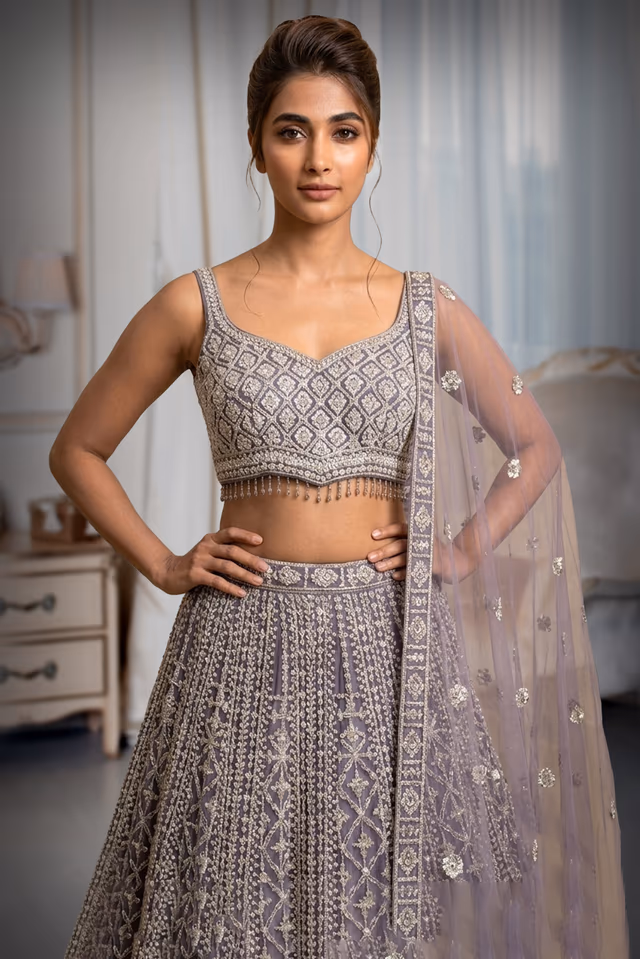 Dusty Mauve Sequinned and Mirror-Work Bridal/Cocktail Lehenga Choli — rent in Kochi