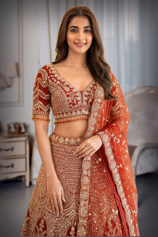Heavily Embellished Rust Crimson Net & Silk Bridal Lehenga Choli with Zardosi and Beadwork — rent in Kochi