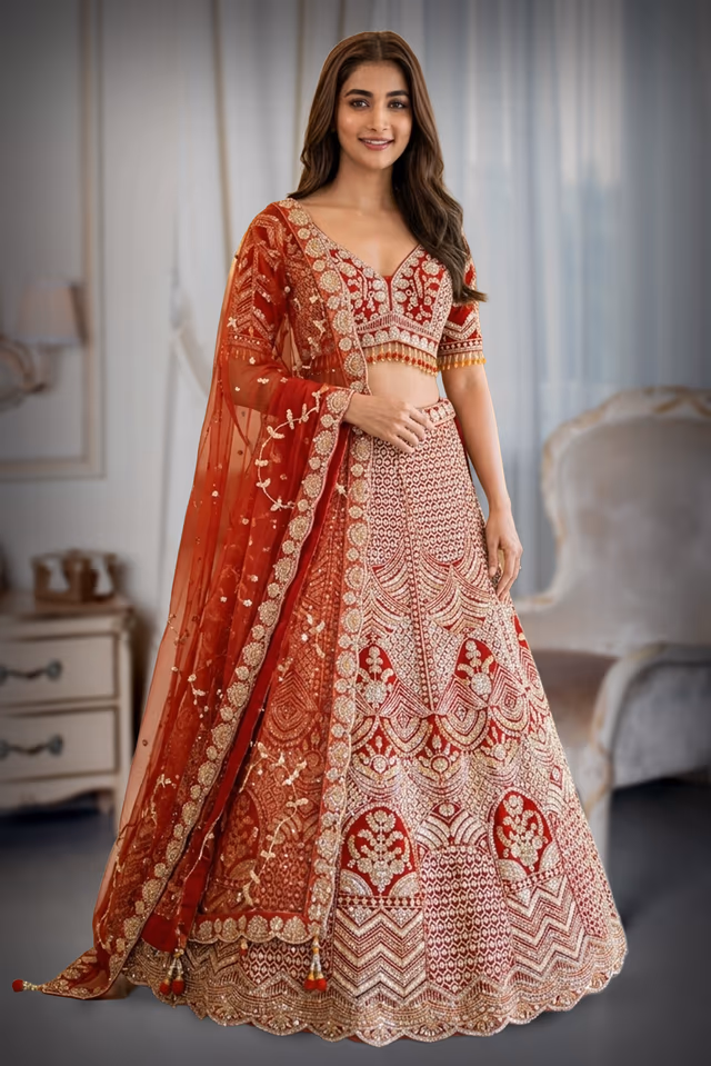 Heavily Embellished Rust Crimson Net & Silk Bridal Lehenga Choli with Zardosi and Beadwork — back view, rent in Kochi