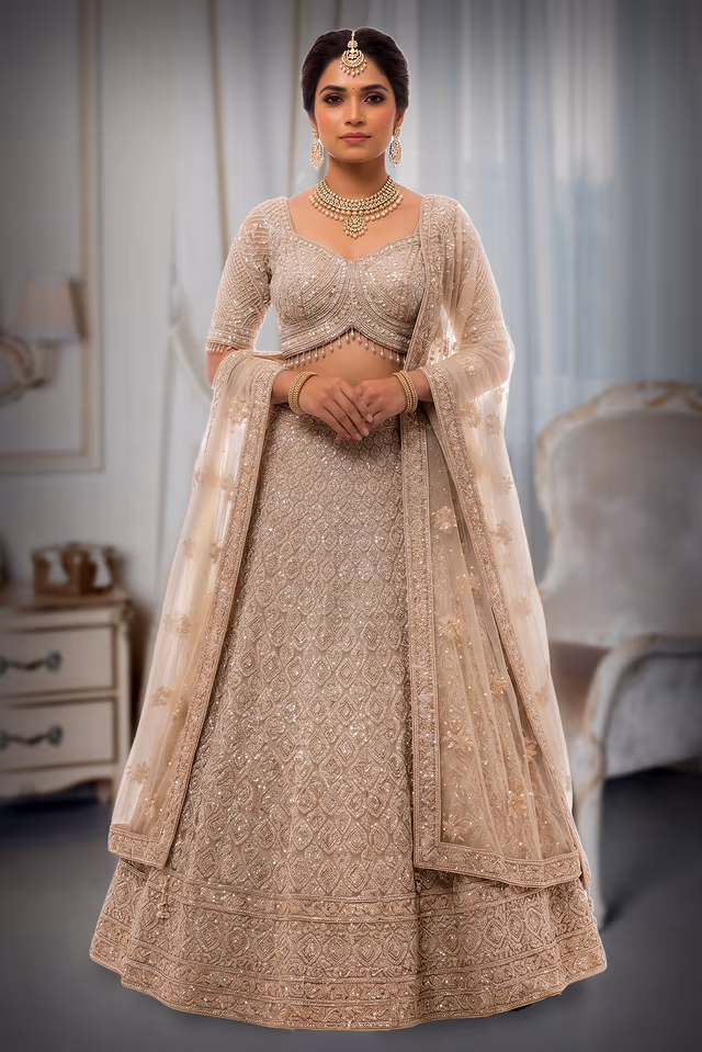 Intricate Pearl and Sequin Hand-Embroidered Lehenga Set in Champagne Ivory — back view, rent in Kochi