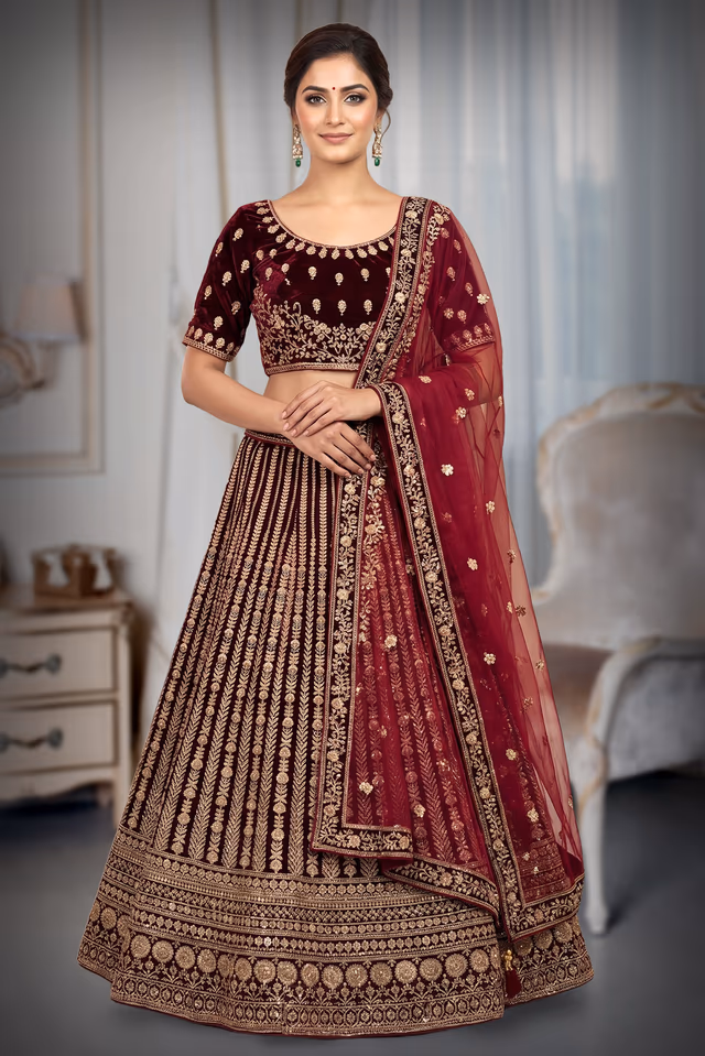 Luxurious Deep Maroon Velvet Lehenga Set Showcasing Detailed Gold Zari Work And A Sheer Net… — back view, rent in Calicut