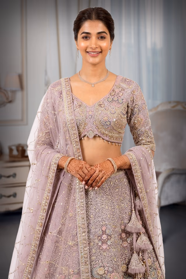 Mauve-Lavender Hand-Embroidered Lehenga Choli with Peacock Motifs — rent in Kochi