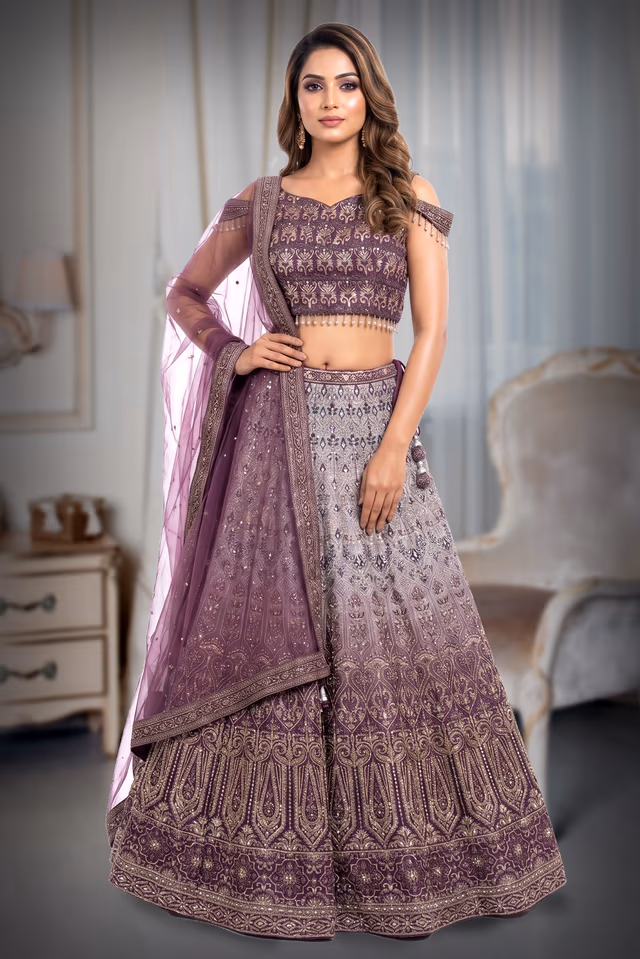 Ombra shade plum lehenga — back view, rent in Bangalore