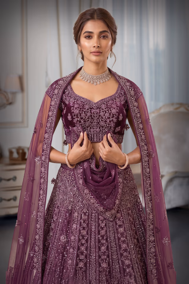 Elegant Purple Lehenga Choli Set Detailed With Delicate Floral Embroidery And Shimmering Accents — rent in Calicut