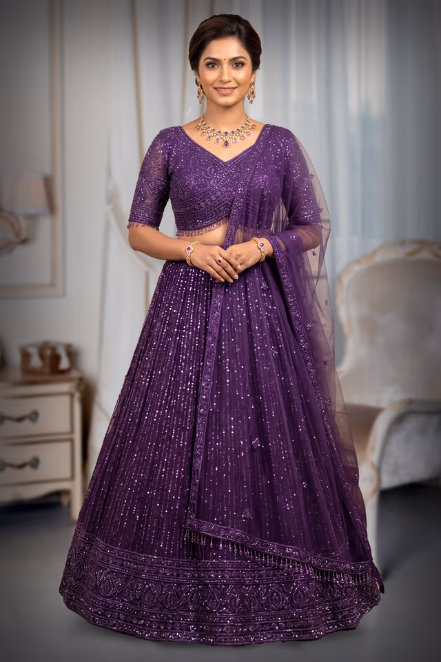 Purple Sequin Embroidered Lehenga Set with Dupatta — back view, rent in Coimbatore