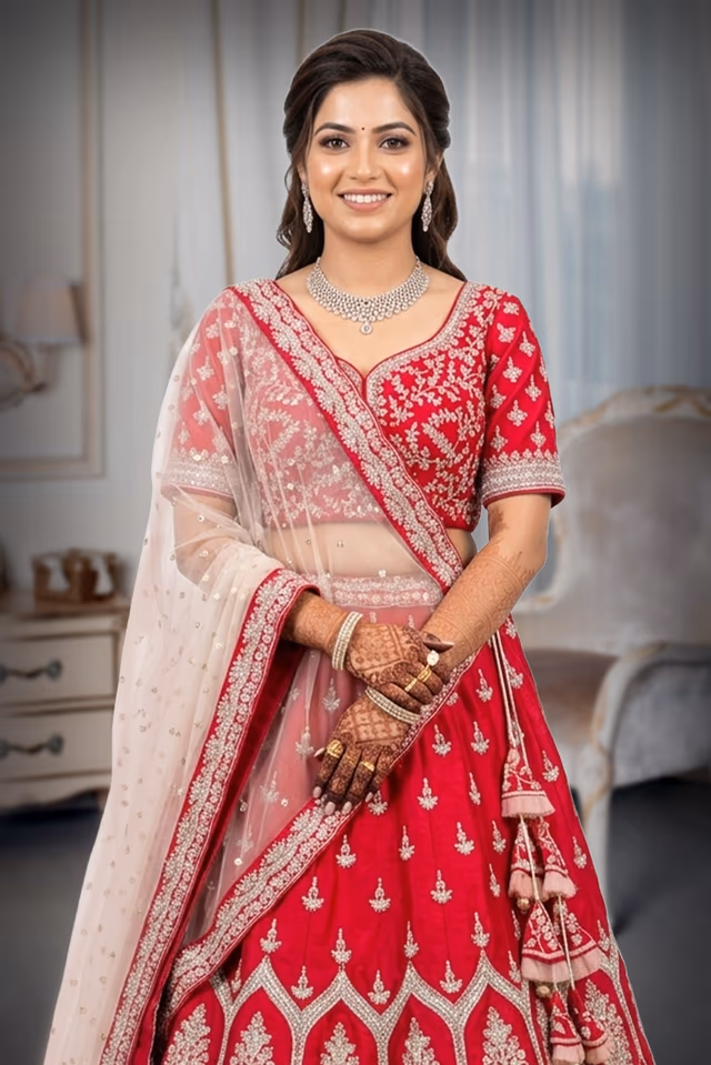 Rani Pink Raw Silk Bridal Lehenga with Silver Zari and Mughal Butis — rent in Kochi