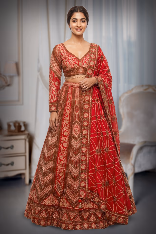 Royal Scarlet Silk Lehenga Set with Geometric Zardosi & Floral Artistry — back view, rent in Kochi