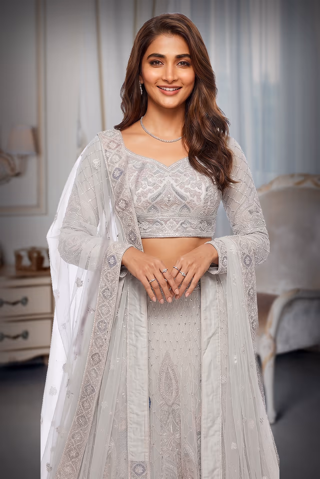 Elegant Threadwork Peacock Motif Net Lehenga with Full Sleeve Bridal Blouse — rent in Bangalore