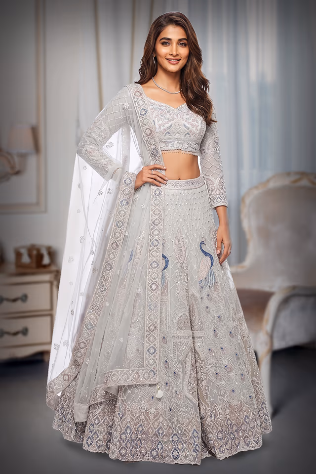 Elegant Threadwork Peacock Motif Net Lehenga with Full Sleeve Bridal Blouse — back view, rent in Bangalore