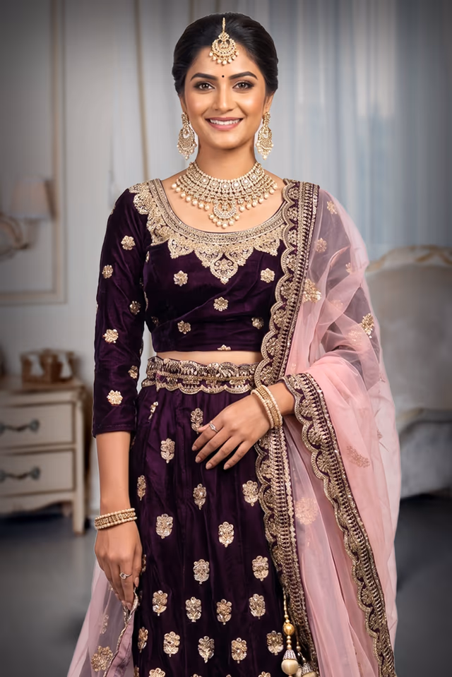Wine Velvet Embroidered Anarkali Lehenga Set with Pink Dupatta — rent in Coimbatore