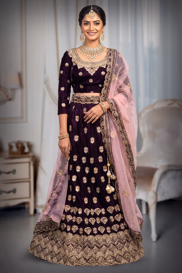 Wine Velvet Embroidered Anarkali Lehenga Set with Pink Dupatta — back view, rent in Coimbatore