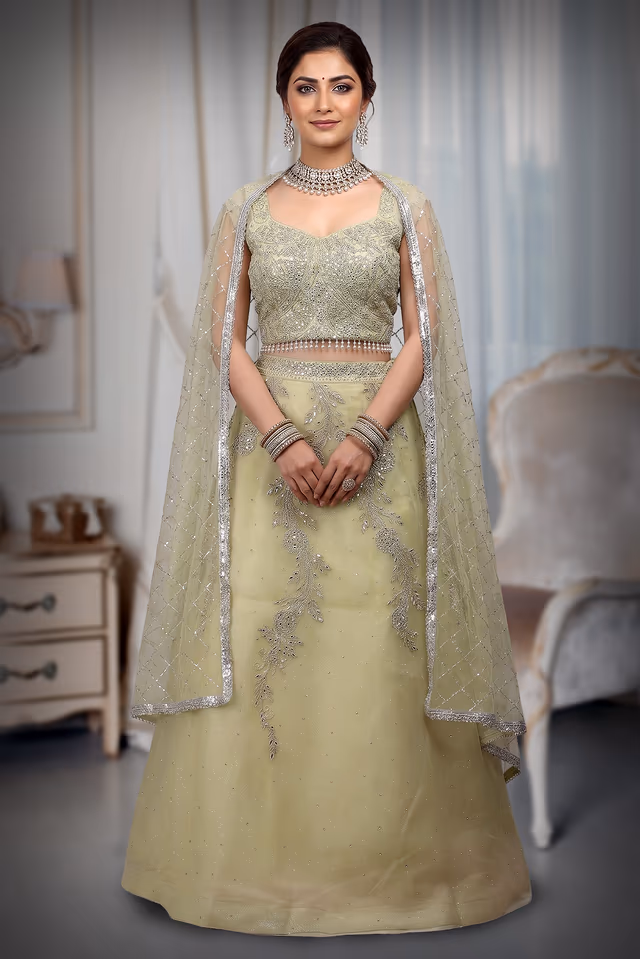 Lemon Yellow Stone Worked Crop Top  With Heavy Embellished Blouse And Dupatta — back view, rent in Coimbatore