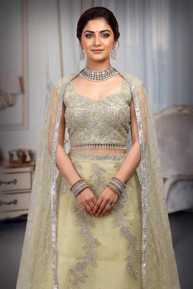 Lemon Yellow Stone Worked Crop Top  With Heavy Embellished Blouse And Dupatta — rent in Coimbatore