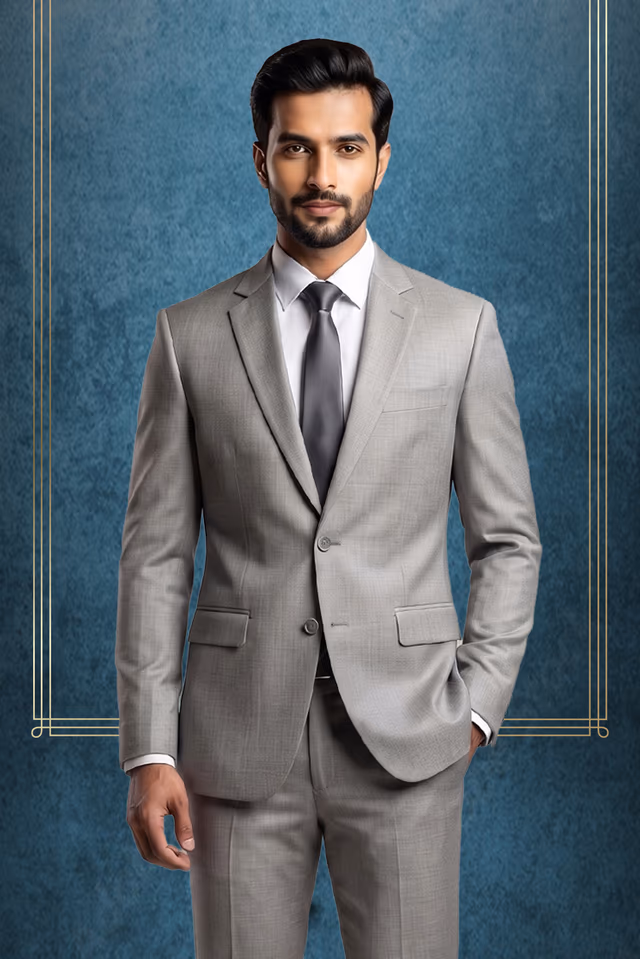 Light Grey Elegant Grooms Suit with Plan work — rent in Ernakulam