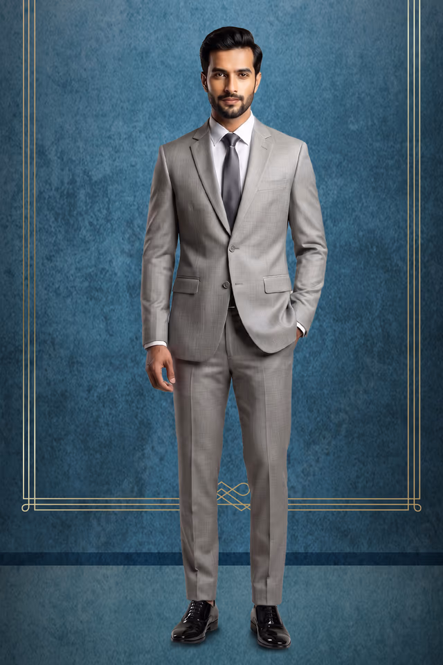 Light Grey Elegant Grooms Suit with Plan work — back view, rent in Ernakulam
