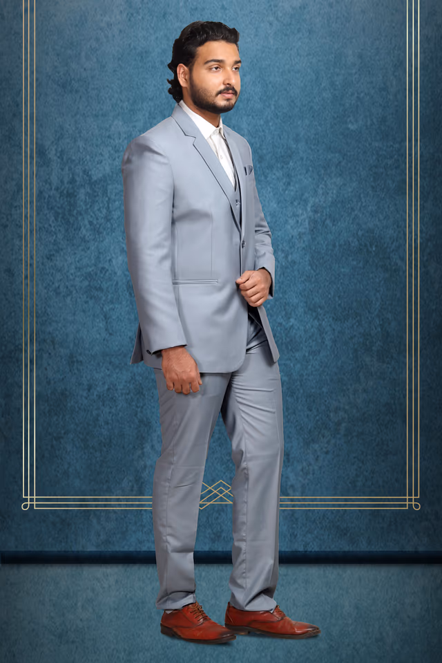 Light Grey Polyster 3Pc Suit — back view, rent in Calicut