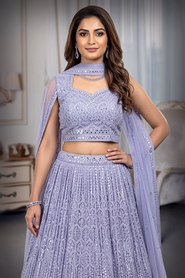 Light Lilac Heavy Stone Work Embellished Crop Top Lehenga With Same Colour Dupatta — rent in Bangalore