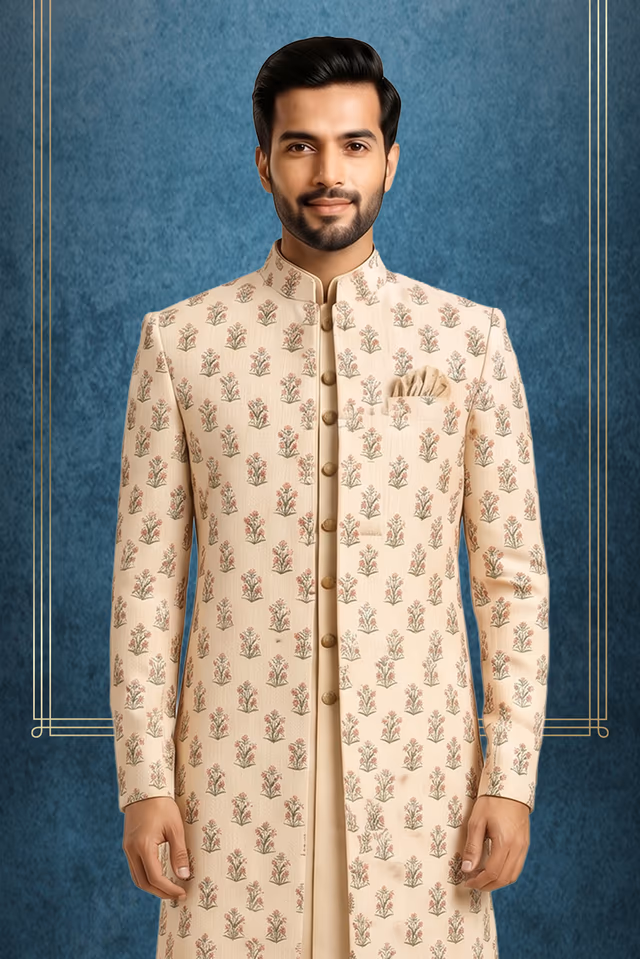 Light Mustard Indo-Western with Elegant Floral Pattern — back view, rent in Bangalore