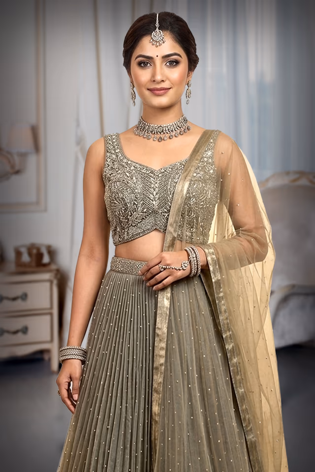 Light Olive Green Pre Wedding Lehenga With Uniform Stone Worked Skirt, Exquisite Stoneworked Crop Top Along… — rent in Kochi