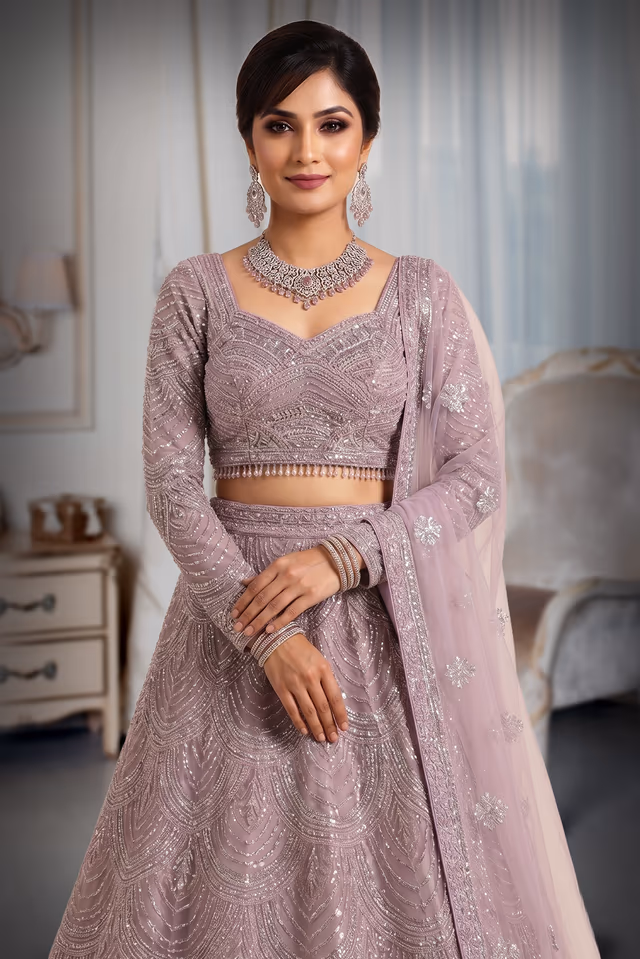 Lilac Bridal Lehenga with Intricate Sequin Embroidery and Embellished Net Dupatta — rent in Bangalore