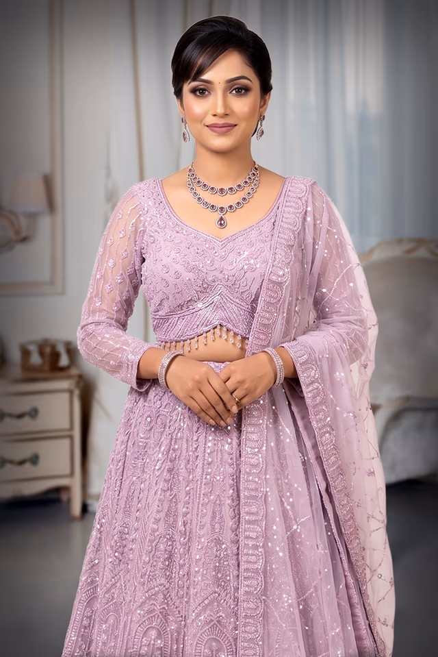 Lilac Embroidered Bridal Lehenga  with Designer Dupatta — rent in Coimbatore